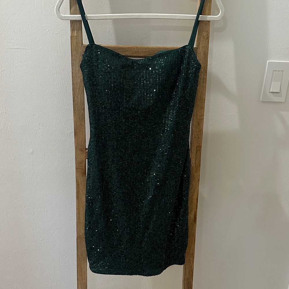 La Femme Dark Green Sequin Mini Dress